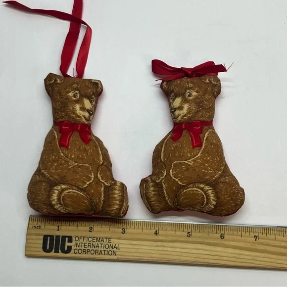 vinage christmas fabric plush teddy bears brown red ribbon pair 4.5 inches - Picture 3 of 4